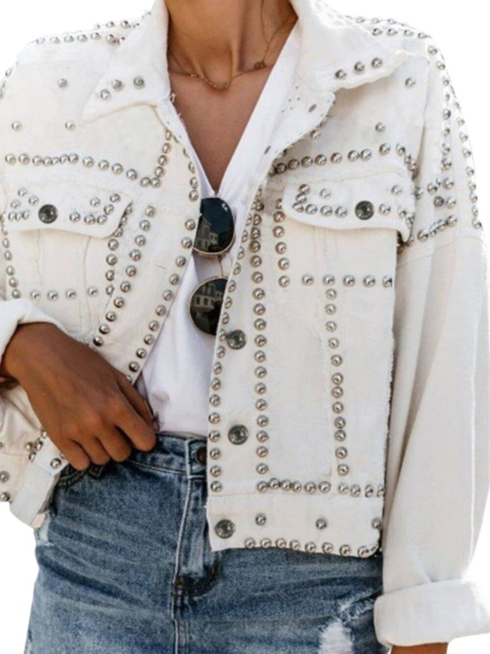 Dressy Rivet Studded White Cropped Jean Jacket Women Western Distressed Washed